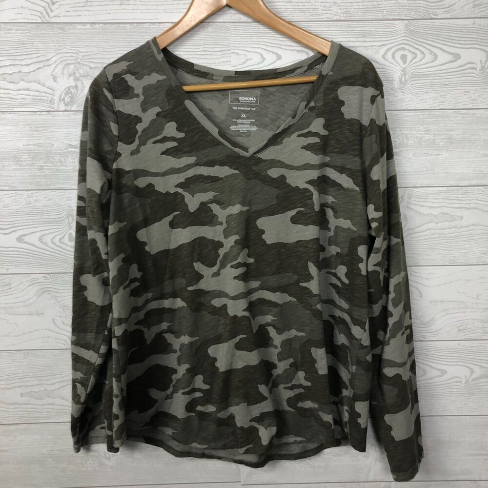 Sonoma Women's XL The Everyday Tee Camo Long Sleeve V Neck Shirt Cotton Blend